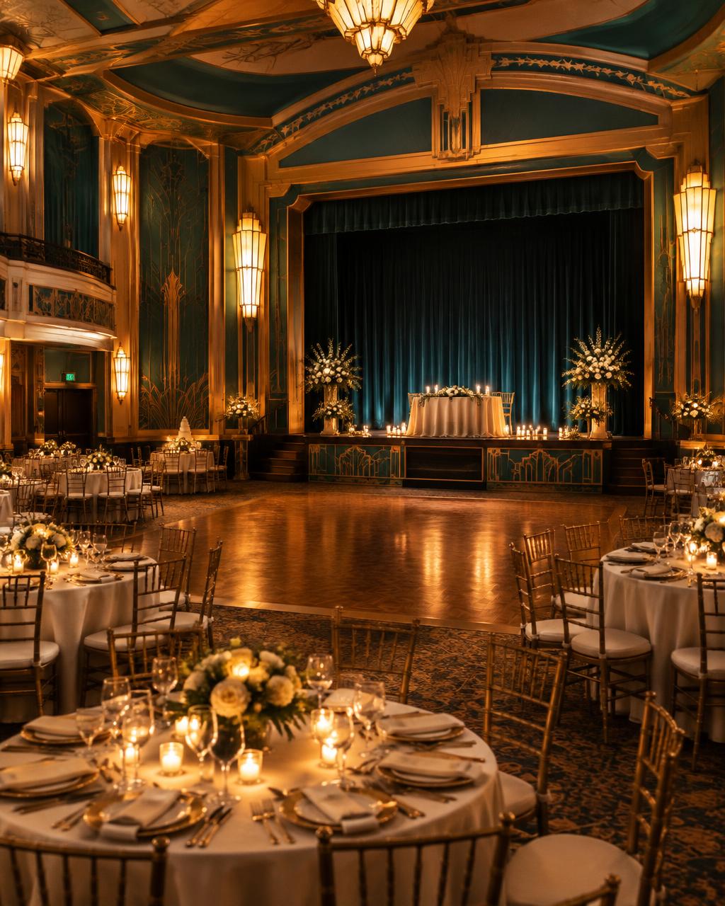 Candlelit reception under the theater's original art deco ceiling