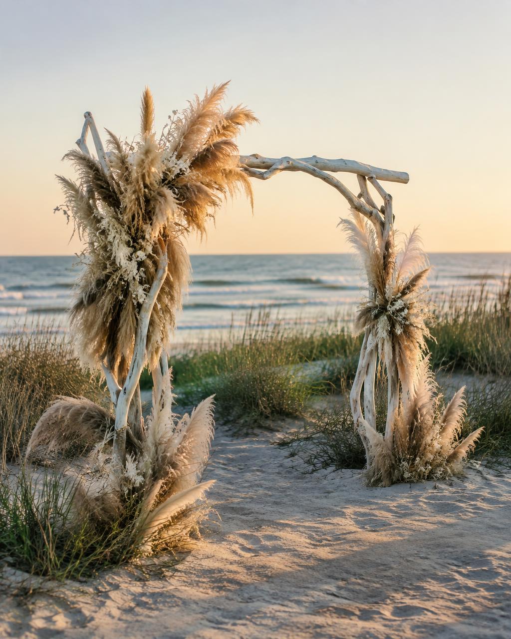 Driftwood and pampas arch on the dunes