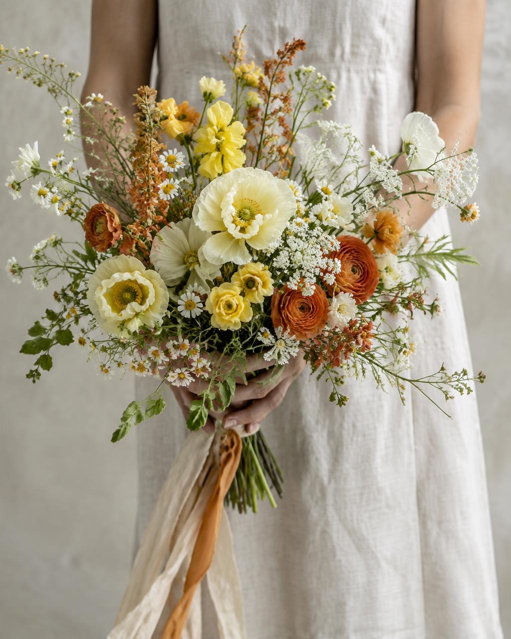 Loose wildflower bouquet with silk ribbon