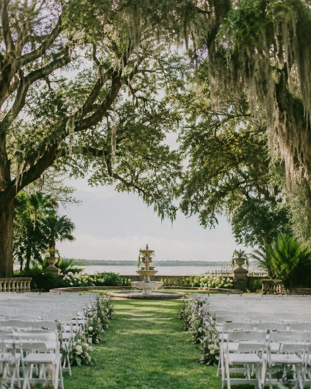 Ceremony aisle beneath the live oaks