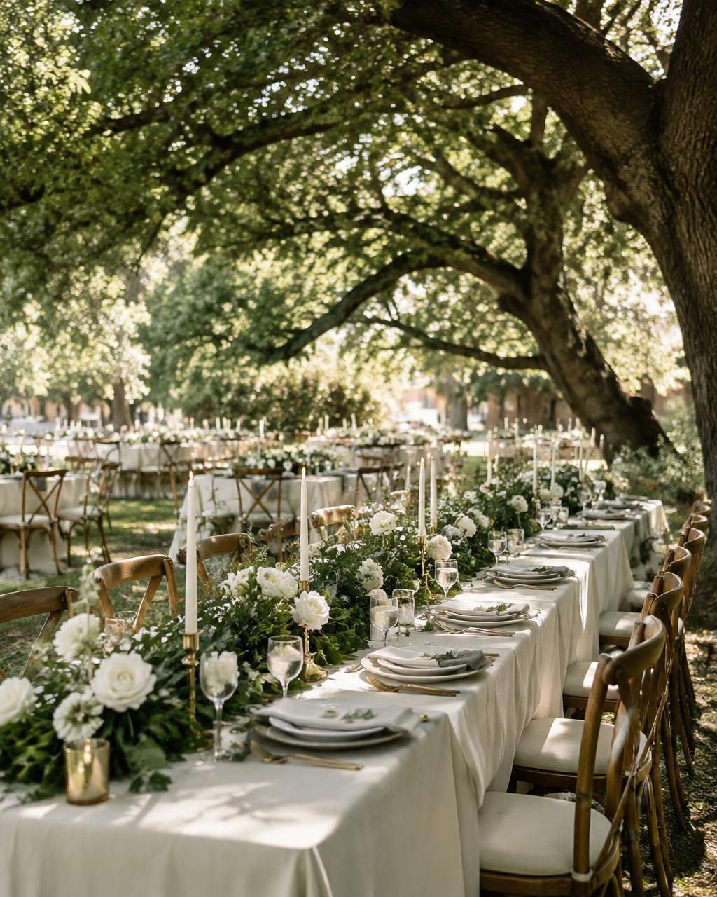 Ivory linens and taper candles in the courtyard