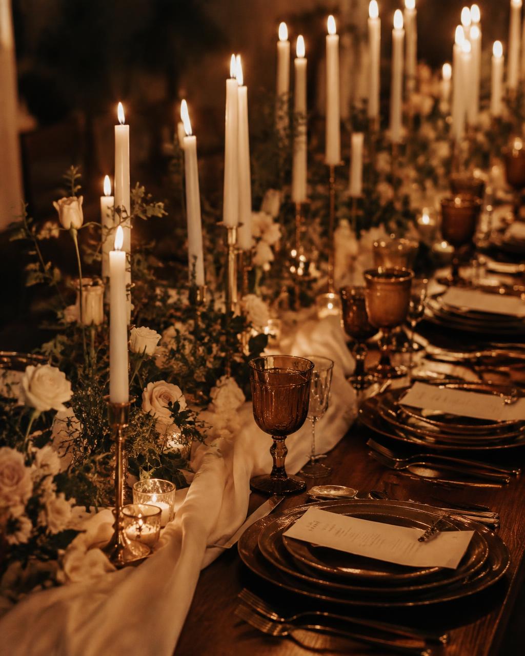 Taper candles, amber glass and brass